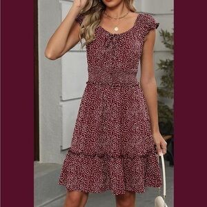 Burgundy & White Sleeveless Sweetheart Neckline Smocked Waist Sundress #ib5
